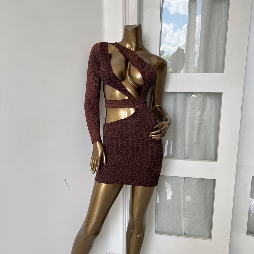 Brand New Chic Long Sleeve Cut-Out Dress in Brown